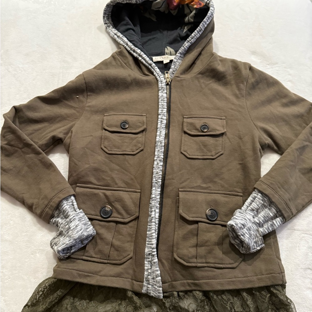 Anthropologie Scrapbook Layer Jacket Hoodie Womens Lg Lined Olive Green $198 EB1